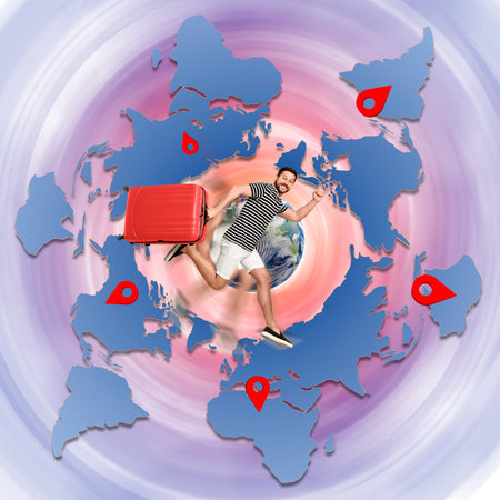 Happy tourist with suitcase hopping over the globe. World maps with red location marks. creative travel posterの写真素材