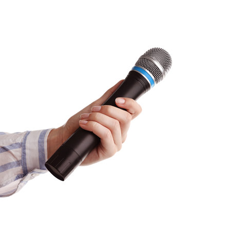 Woman with microphone on white background, closeupの写真素材