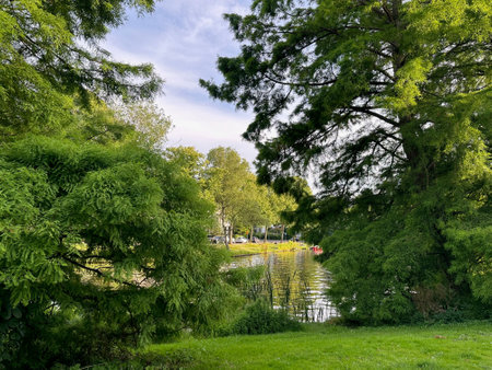 Beautiful view of park with trees and canal outdoorsの写真素材
