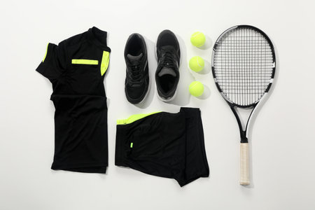 Tennis racket, balls and sportswear on white background, flat layの写真素材