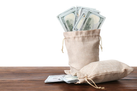 Dollar banknotes in bags on wooden table against white background, space for text