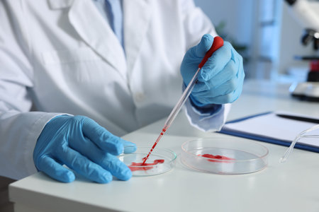 Laboratory testing. Doctor dripping blood sample into Petri dish indoors, closeupの写真素材