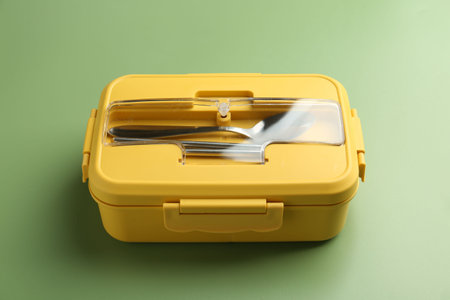 Yellow lunch box with cutlery on green backgroundの写真素材