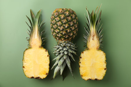 Whole and cut pineapples on green background, flat layの写真素材