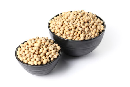 Soy beans in bowls isolated on whiteの写真素材