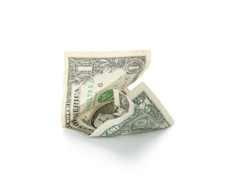 One crumpled dollar banknote isolated on whiteの写真素材