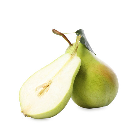 Fresh ripe pears with green leaf isolated on white