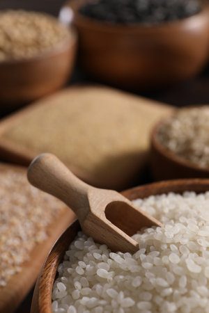 Rice and scoop in wooden bowl on table, closeupの写真素材