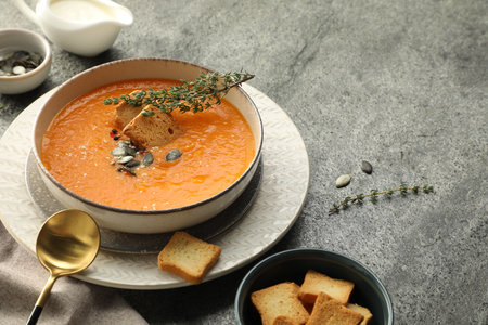 Delicious pumpkin soup with spices and croutons on gray textured table, closeup. Space for textの写真素材