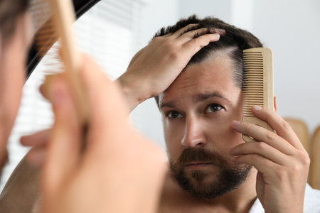Man brushing his hair near mirror indoors. Alopecia problemの写真素材