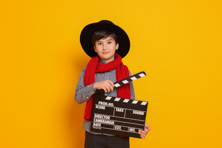 Boy with clapper pretending to be movie director on orange background. Dreaming of future professionの写真素材