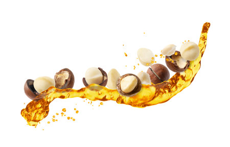 Macadamia nuts and oil in air on white backgroundの写真素材