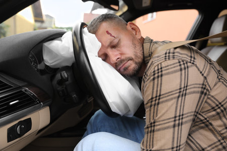 Unconscious man with head injury on airbag in automobile after car accidentの写真素材