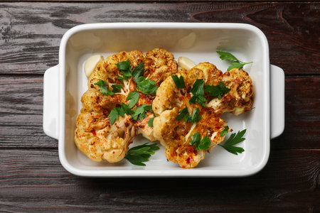 Tasty cauliflower steaks and parsley in baking dish on wooden table, top viewの写真素材