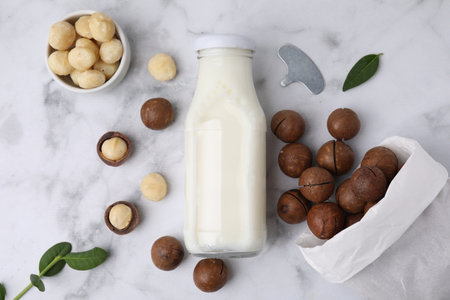 Glass bottle with macadamia milk and nuts on white table, flat layの写真素材