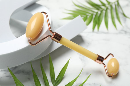 Face roller and palm leaves on light background, closeupの写真素材