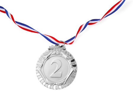 One silver medal isolated on white, top viewの写真素材