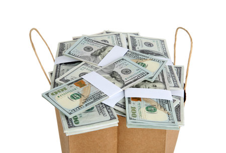Dollar banknotes in paper bag isolated on white