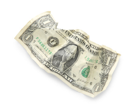 One crumpled dollar banknote isolated on white, top view