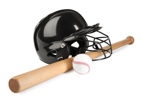 Baseball helmet, bat and ball isolated on whiteの写真素材