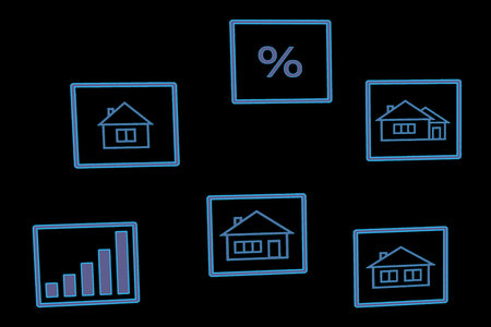 Real estate. Houses and percent sign on black background, illustrationの写真素材