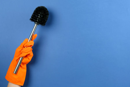 Woman holding black toilet brush on blue background, closeup. Space for textの写真素材