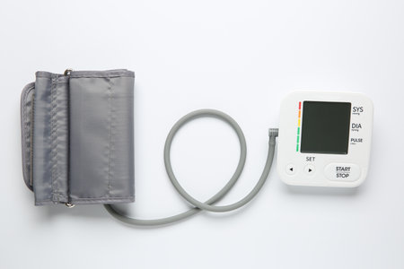 Blood pressure measuring device on white background, top viewの写真素材
