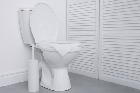 Toilet seat with paper tissues in bathroom, space for textの写真素材