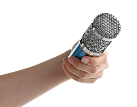 Woman with microphone on white background, closeupの写真素材