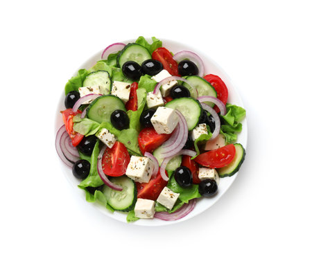 Delicious salad with feta cheese isolated on white, top viewの写真素材