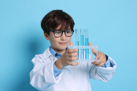 Boy with test tubes pretending to be scientist on light blue background. Dreaming of future professionの写真素材