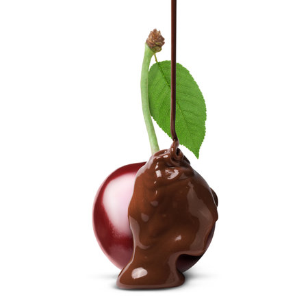 Chocolate pouring onto cherry on white backgroundの写真素材