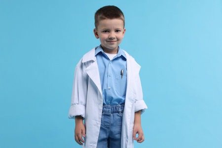 Little boy pretending to be doctor on light blue background. Dreaming of future professionの写真素材