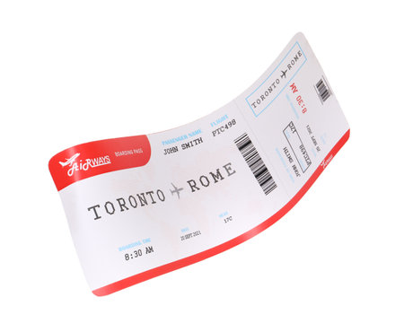 One airplane ticket isolated on white. Traveling abroad