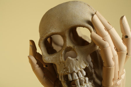 Wooden mannequin hands holding human skull on beige background, closeupの写真素材