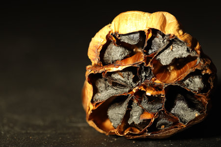 Bulb of aged garlic on black table, closeupの写真素材