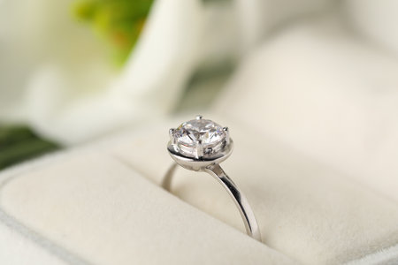 Beautiful ring with gemstone in box, closeup