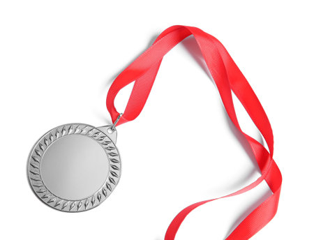 One silver medal isolated on white, top viewの写真素材