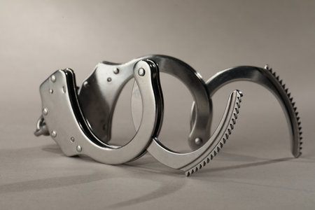Metal chain handcuffs on light gray background, closeupの写真素材