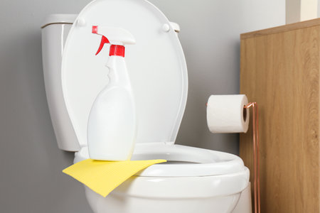 Detergent and rag on clean toilet in bathroomの写真素材