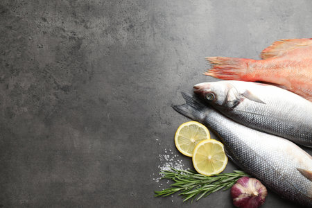 Different fishes and spices on gray table, top view with space for text. Sea food