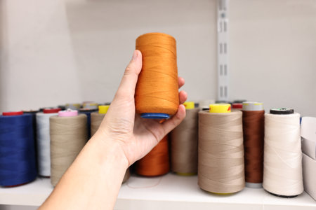 Woman holding spool of thread near shelf in professional workshop, closeup