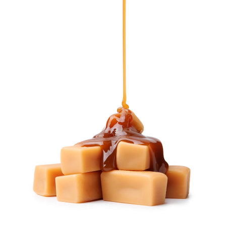 Caramel sauce dripping onto candies on white background, closeupの写真素材