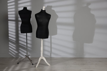 Black mannequins indoors, space for text. Fashion designer`s equipmentの写真素材