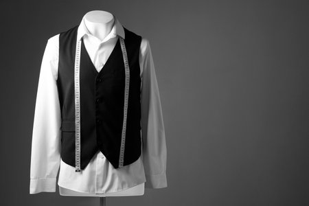 Male mannequin with black vest, white shirt and measuring tape on gray background, space for textの写真素材