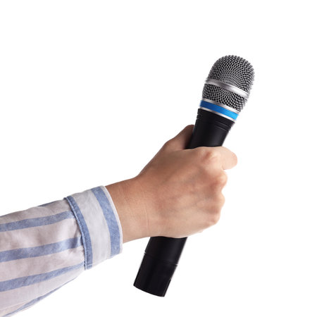 Woman with microphone on white background, closeupの写真素材