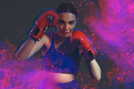 Boxer training in smoke on gray background, glitch effect