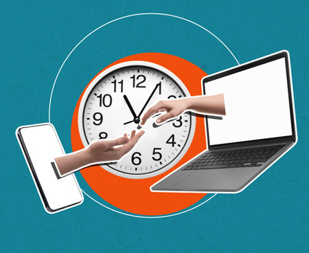 Male and female hands sticking out of smartphone and laptop reaching to each other against clock....