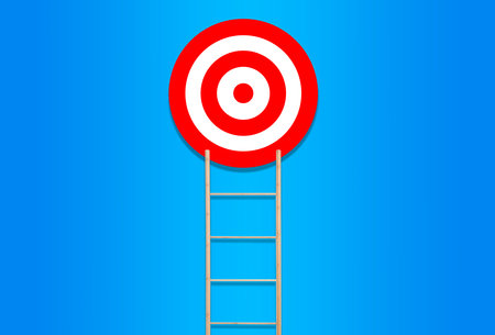 Ladder leading to target on blue background. Concepts of success and goal achievementの写真素材