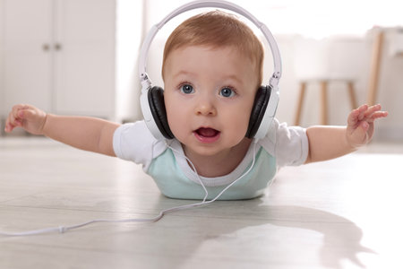 Cute little baby with headphones on floor at homeの写真素材